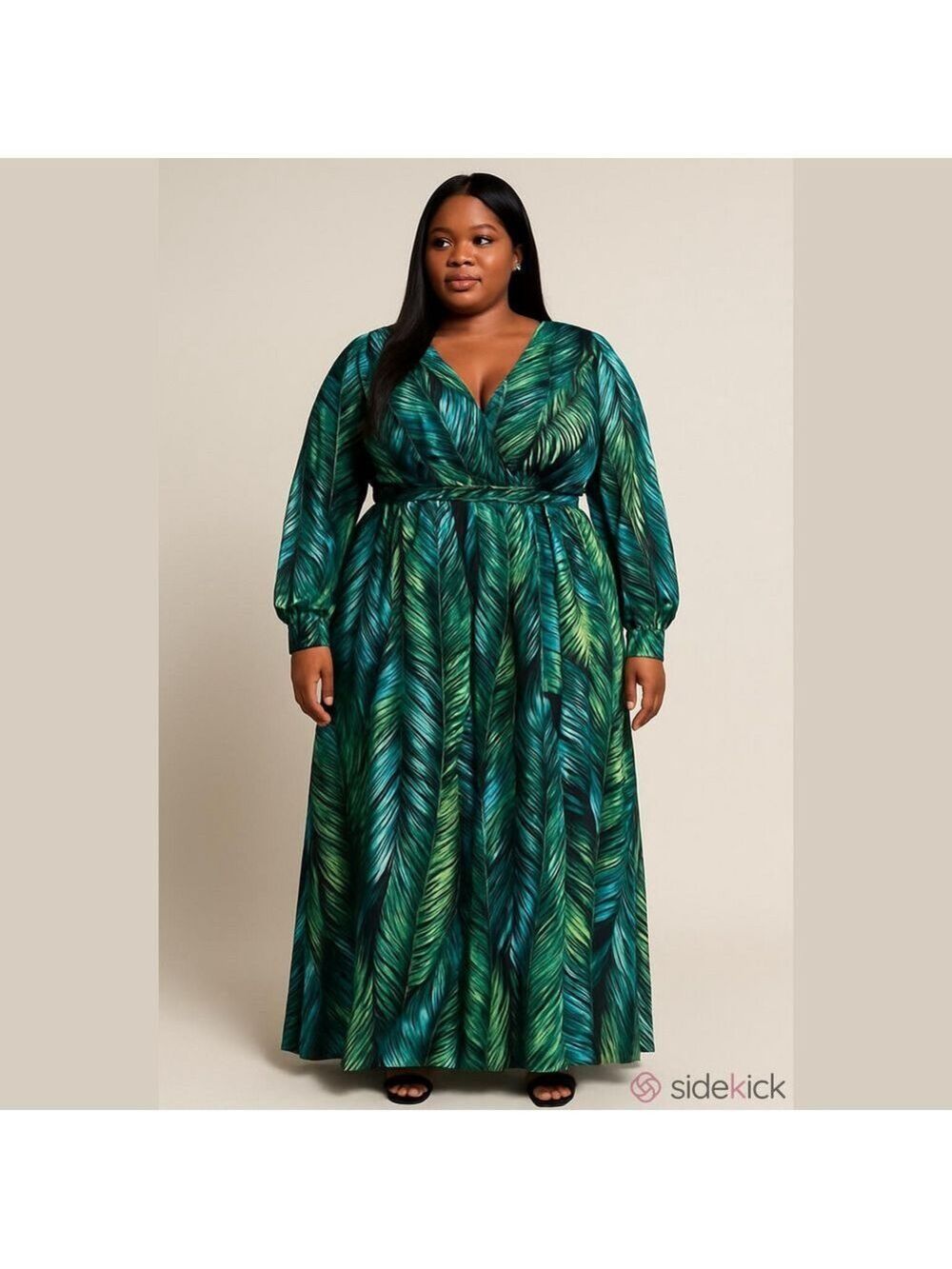 Green Tropical Maxi Dress V-Neck